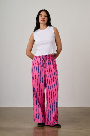 Norris - Wide Leg Cotton Trousers in Pink & Blue Wavy Stripe