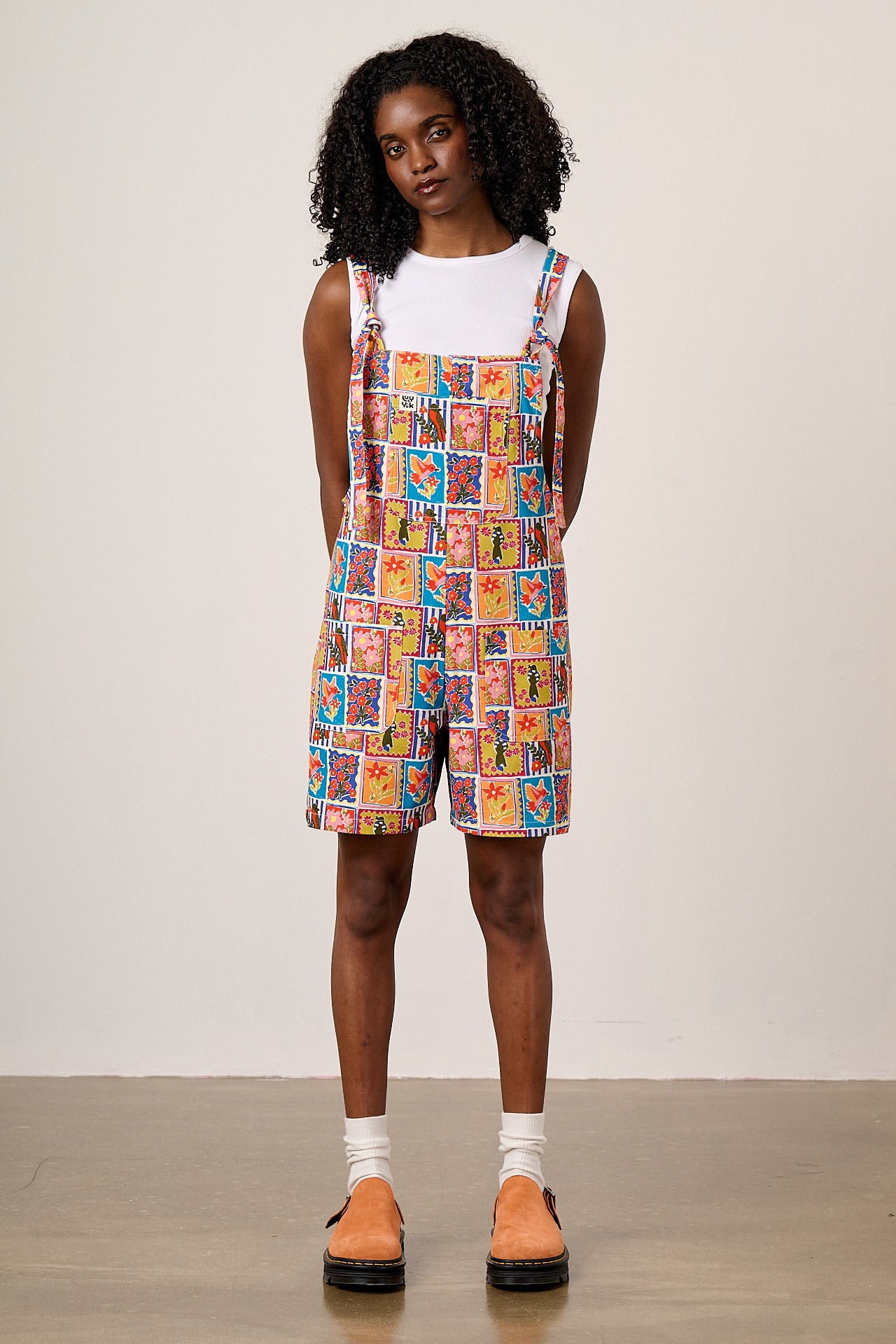 Original Shorts - Cotton Dungarees Shorts in Birds & Flowers Square Tile
