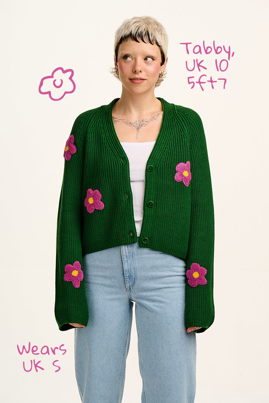 Robyn - V-Neck Cotton Cardigan in Green with Bubble Floral Motif