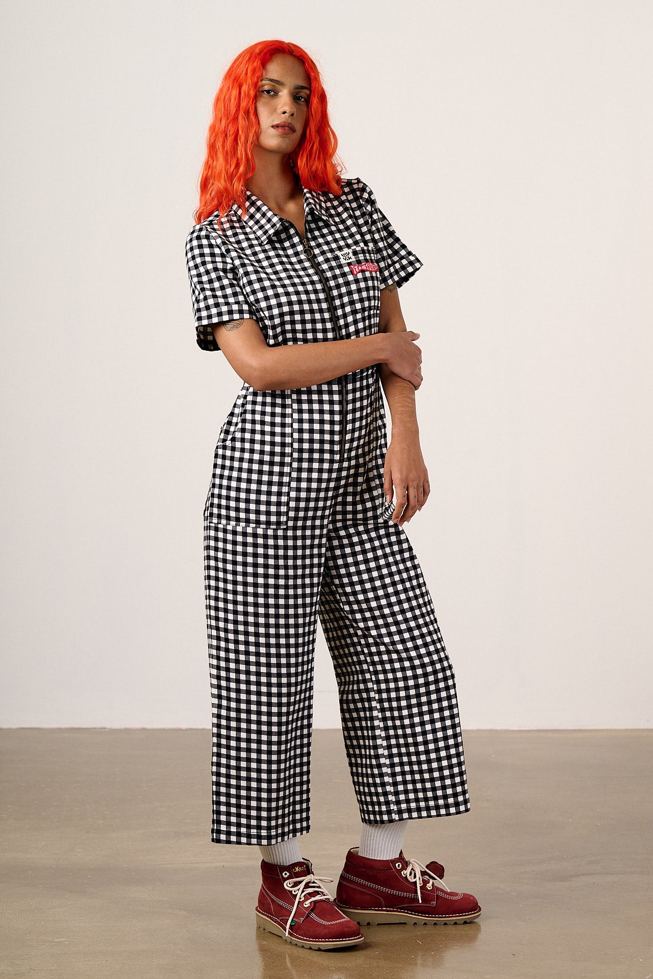 Ragan - Cotton Jumpsuit in Black & White Gingham Fish Embroidery