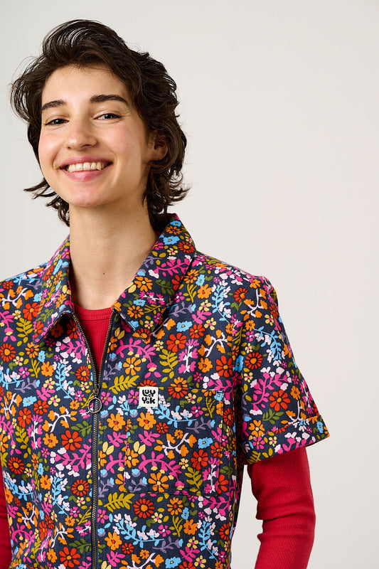Ragan Cropped Leg Jumpsuit - Organic Cotton in Retro Picnic Floral