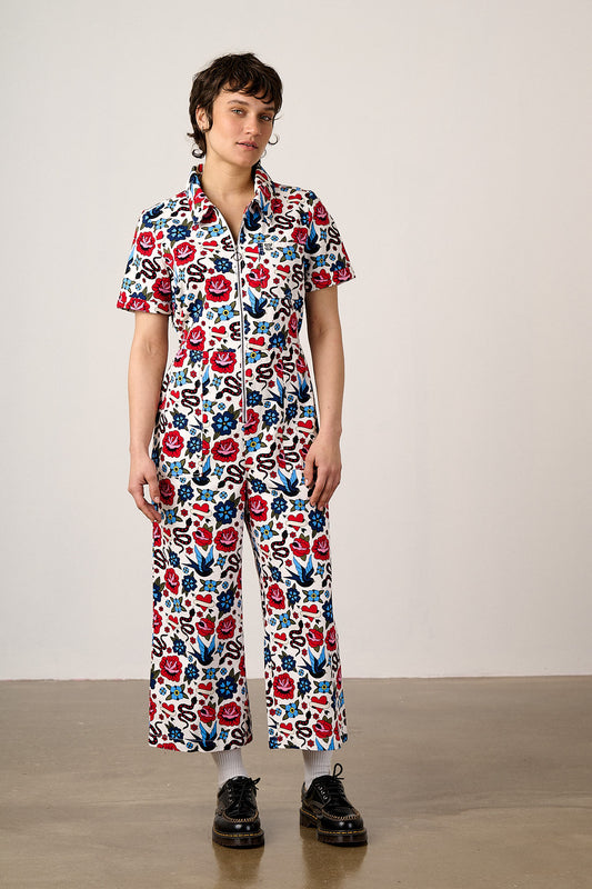 Ragan - Cotton Jumpsuit in Multi Coloured Tattoo Print