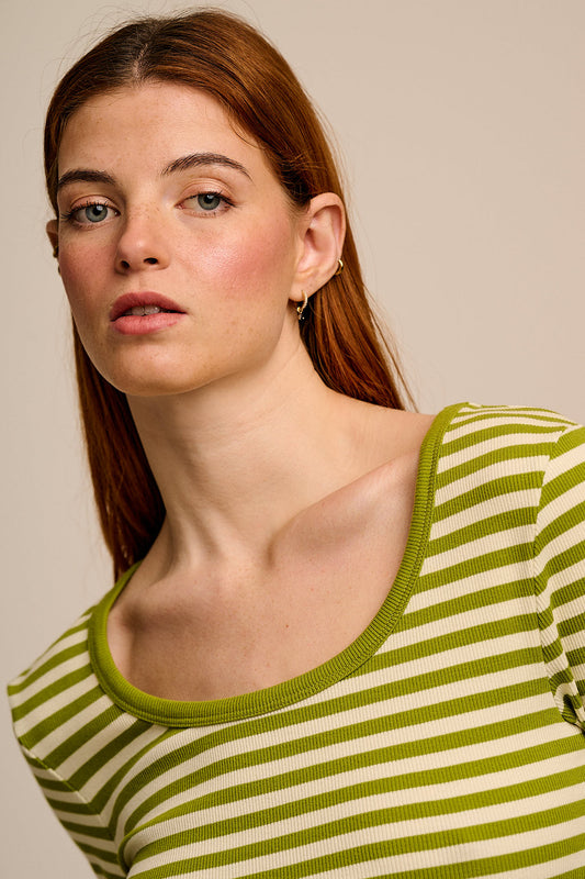 Remy - Ribbed Cotton Scoop Neck Long Sleeve Top in Green & Ecru Stripe