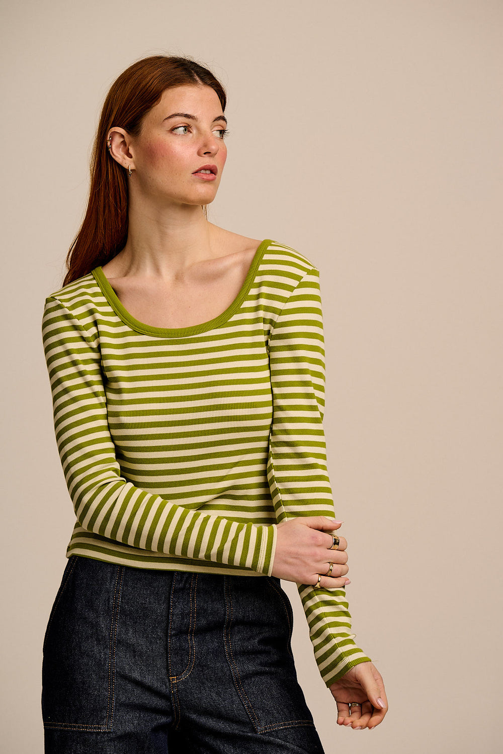 Remy - Ribbed Cotton Scoop Neck Long Sleeve Top in Green & Ecru Stripe