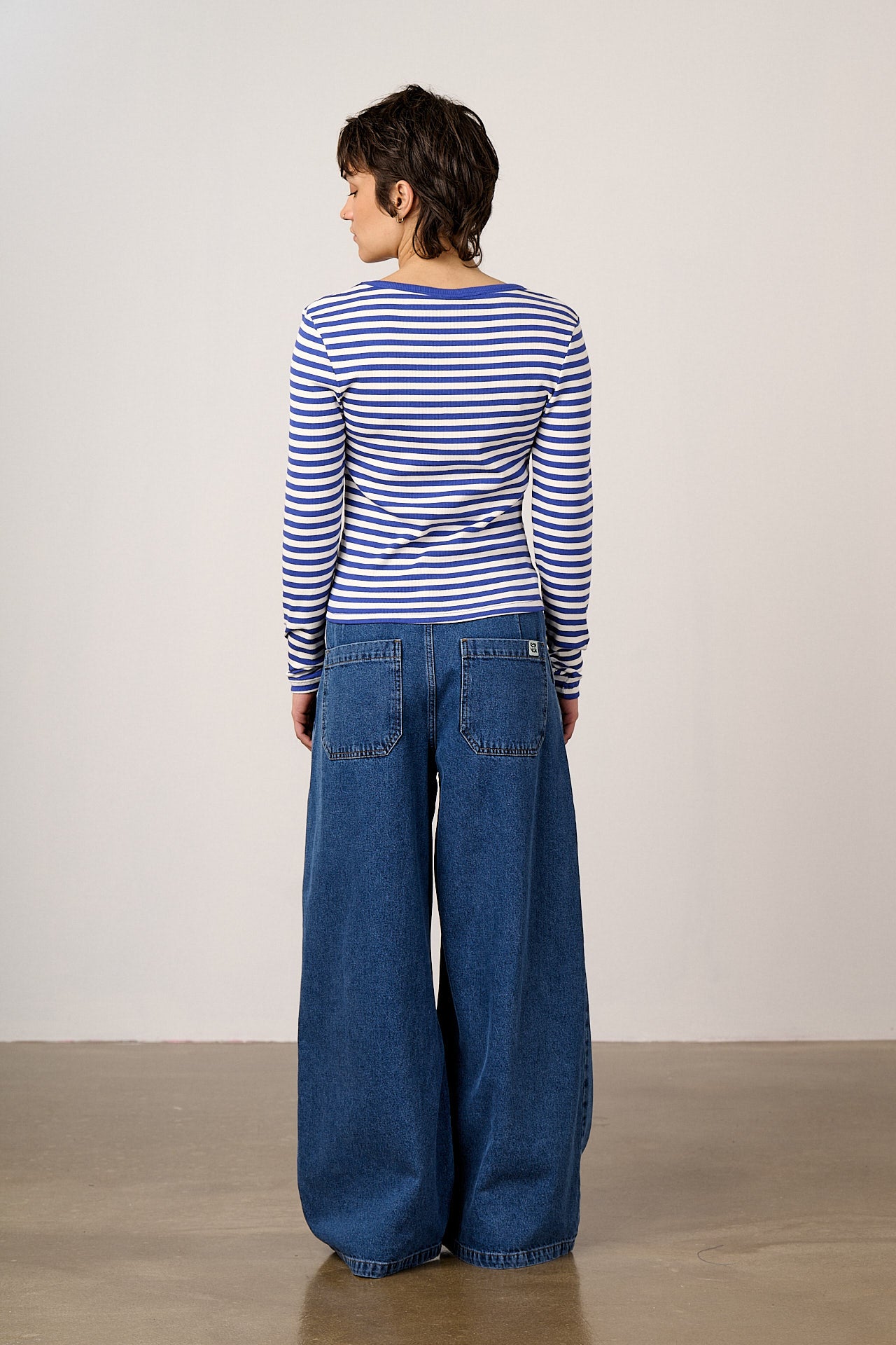 Remy - Ribbed Cotton Scoop Neck Long Sleeve Top in Blue & White Stripe