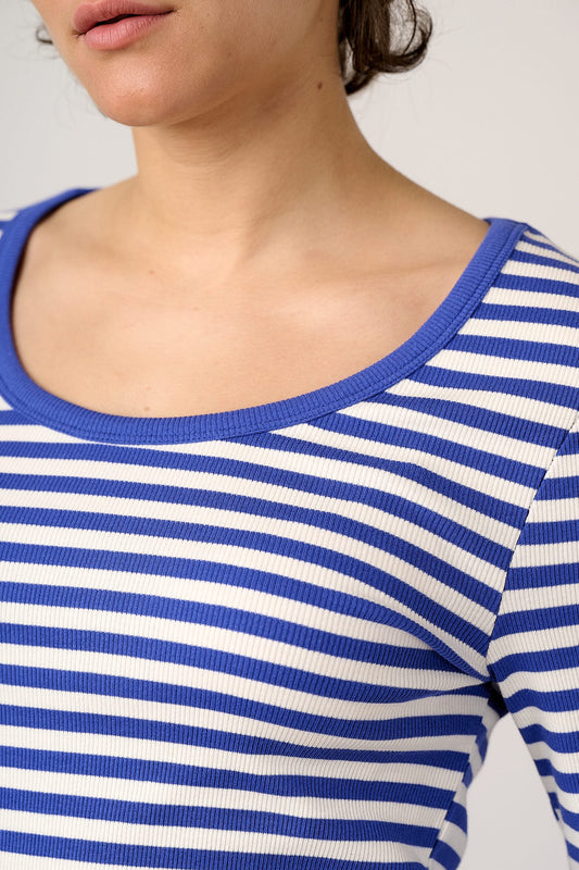 Remy - Ribbed Cotton Scoop Neck Long Sleeve Top in Blue & White Stripe