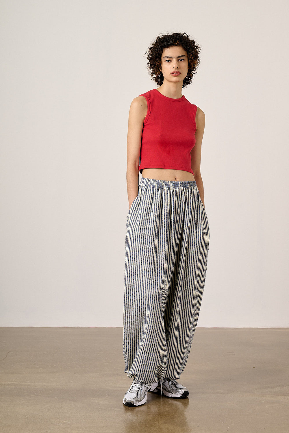 Renata - Cuffed Cotton Balloon Leg Trousers in Blue & White Stripe
