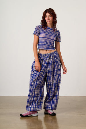 Renata - Cuffed Cotton Balloon Leg Trousers in Blue Crayon Print