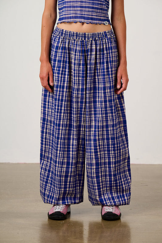 Renata - Cuffed Cotton Balloon Leg Trousers in Blue Crayon Print