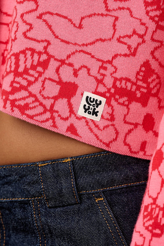 Robyn - V-Neck Cotton Cardigan in Pink & Red Kahlo Blooms