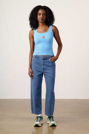 Romy - Cotton Scoop Vest in Blue with Flower Embroidery