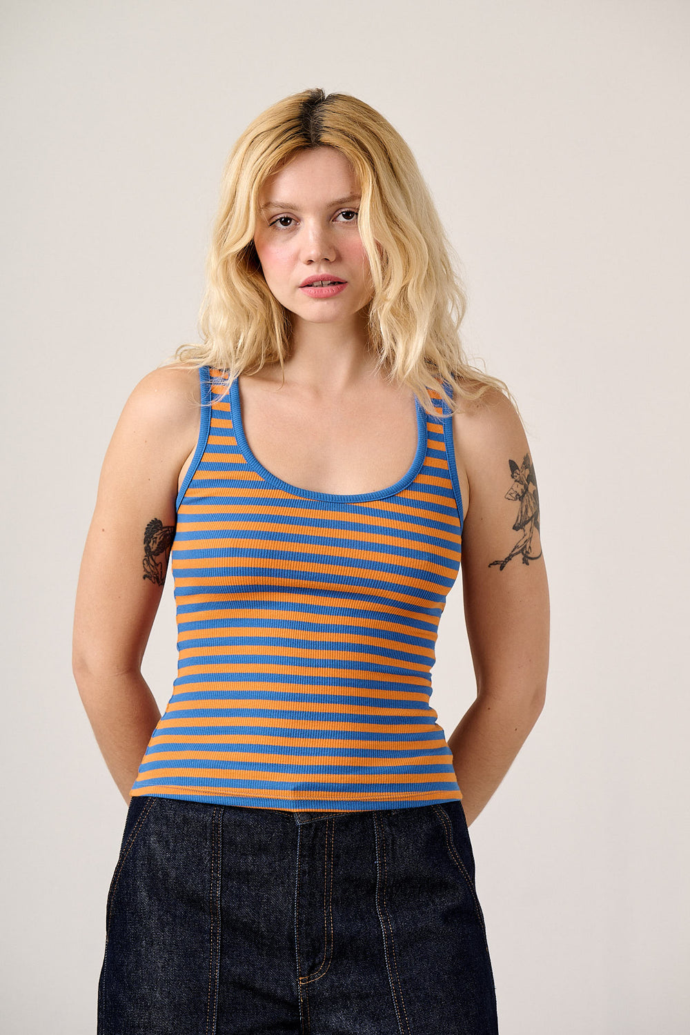Romy - Cotton Scoop Vest in Orange Stripe