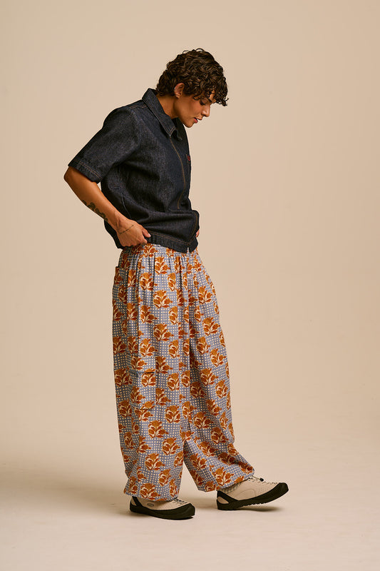 Rumi - Wide Leg Cotton & Linen Trouser in Checkered Floral Blooms