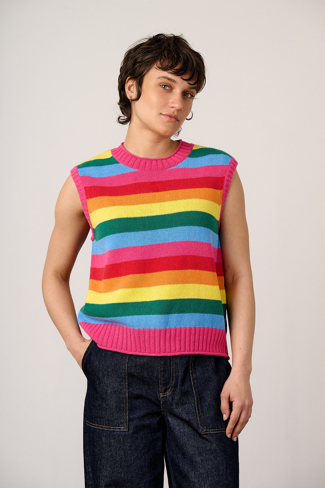 Sawyer - Cotton Knitted Tank in Rainbow Stripe