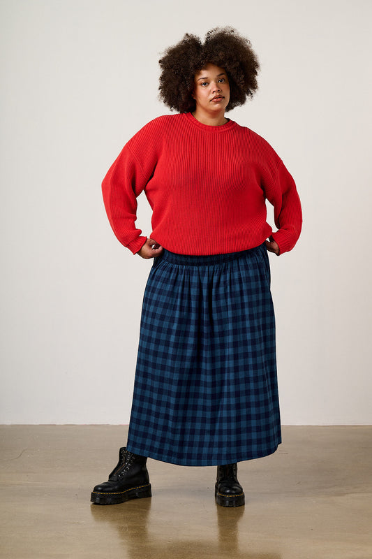 Sofiya - Brushed Cotton Midi Skirt in Navy Sea Spray Check
