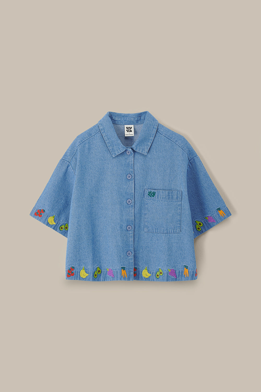 Archer - Cotton Shirt in Light Blue with Veg Embroidery