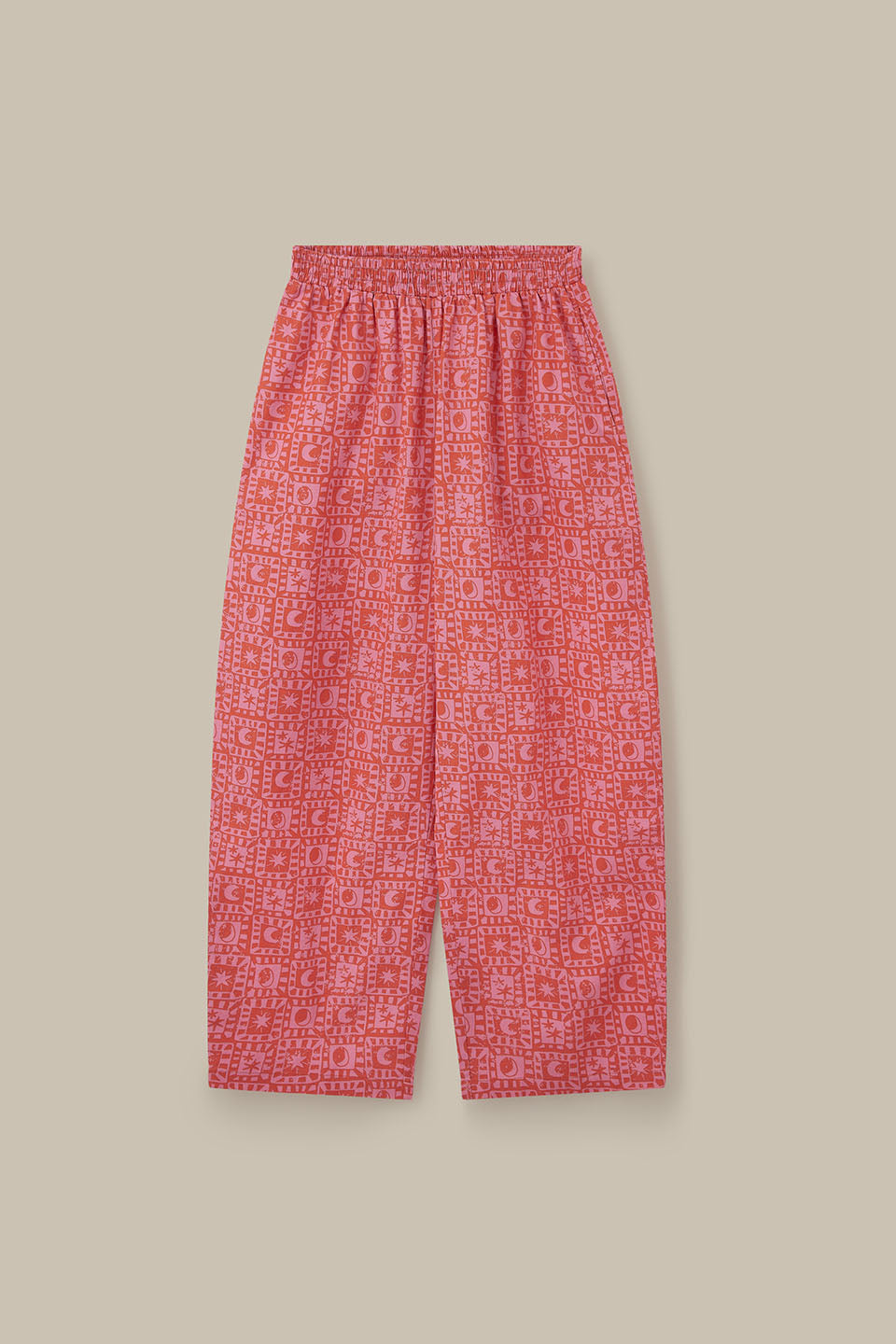 Freddie - Barrel Leg Cotton Trousers in Pink & Red Lunar Checkerboard