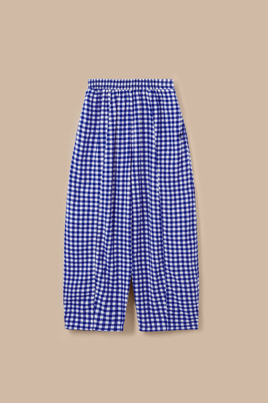 Obregon - Cotton & Viscose Barrel Leg Trousers in Blue Gingham Check