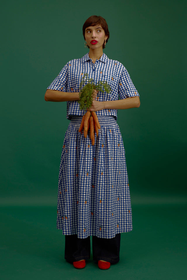 Sofiya - Midi Skirt in Gingham Carrot Embroidery