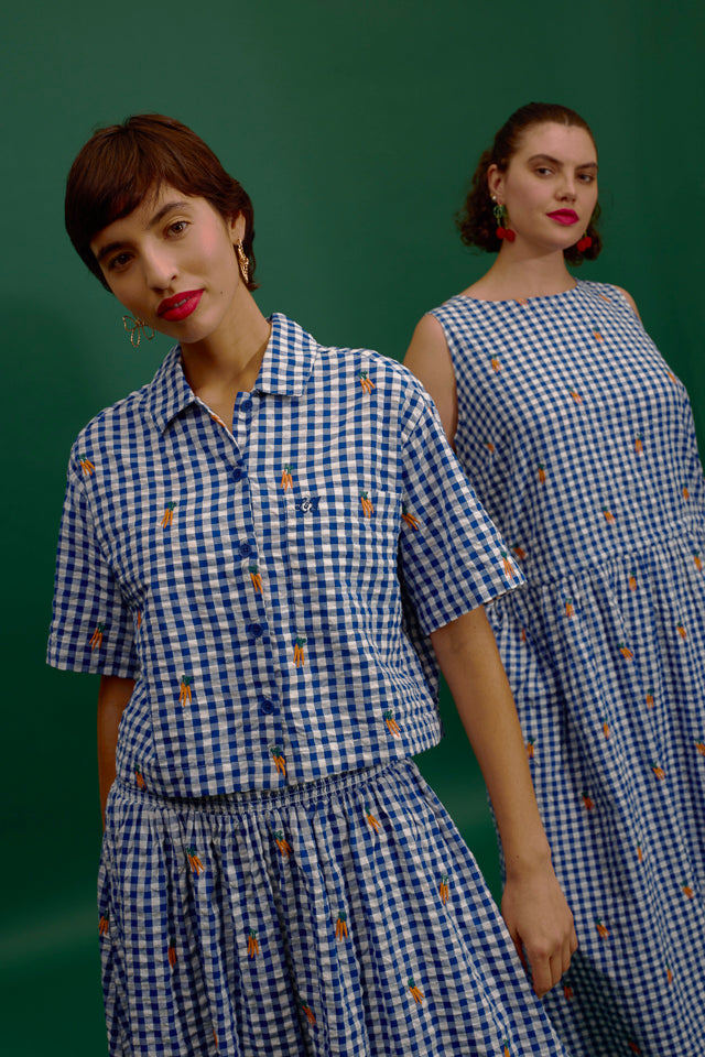 Archer - Cotton Shirt in Gingham with Carrot Embroidery