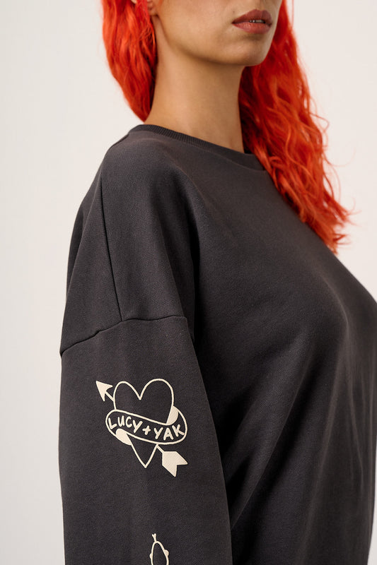 Sutton - Cotton Jersey Oversized Sweatshirt in Charcoal with Tattoo Printed Sleeves