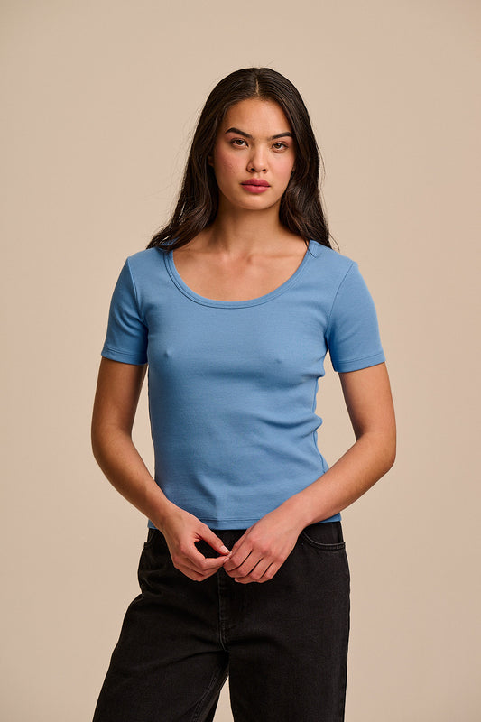 Vita - Ribbed Cotton Scoop Neck Short Sleeve T-Shirt in Blue