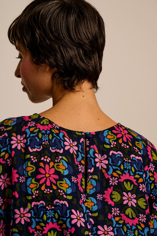 Zamora - Cotton Top in Blue Artisan Floral Patchwork