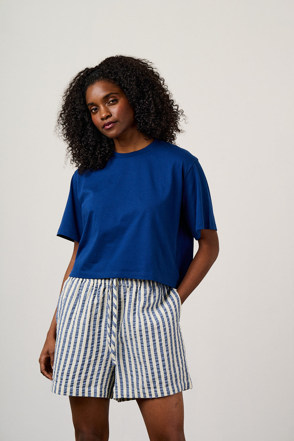 Zayla - Cotton Cropped Boxy T-Shirt in Blue
