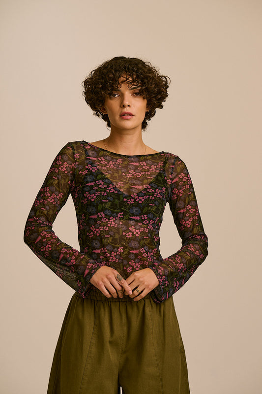 Zoe - Mesh Slash Neck Top in Ditsy Floral