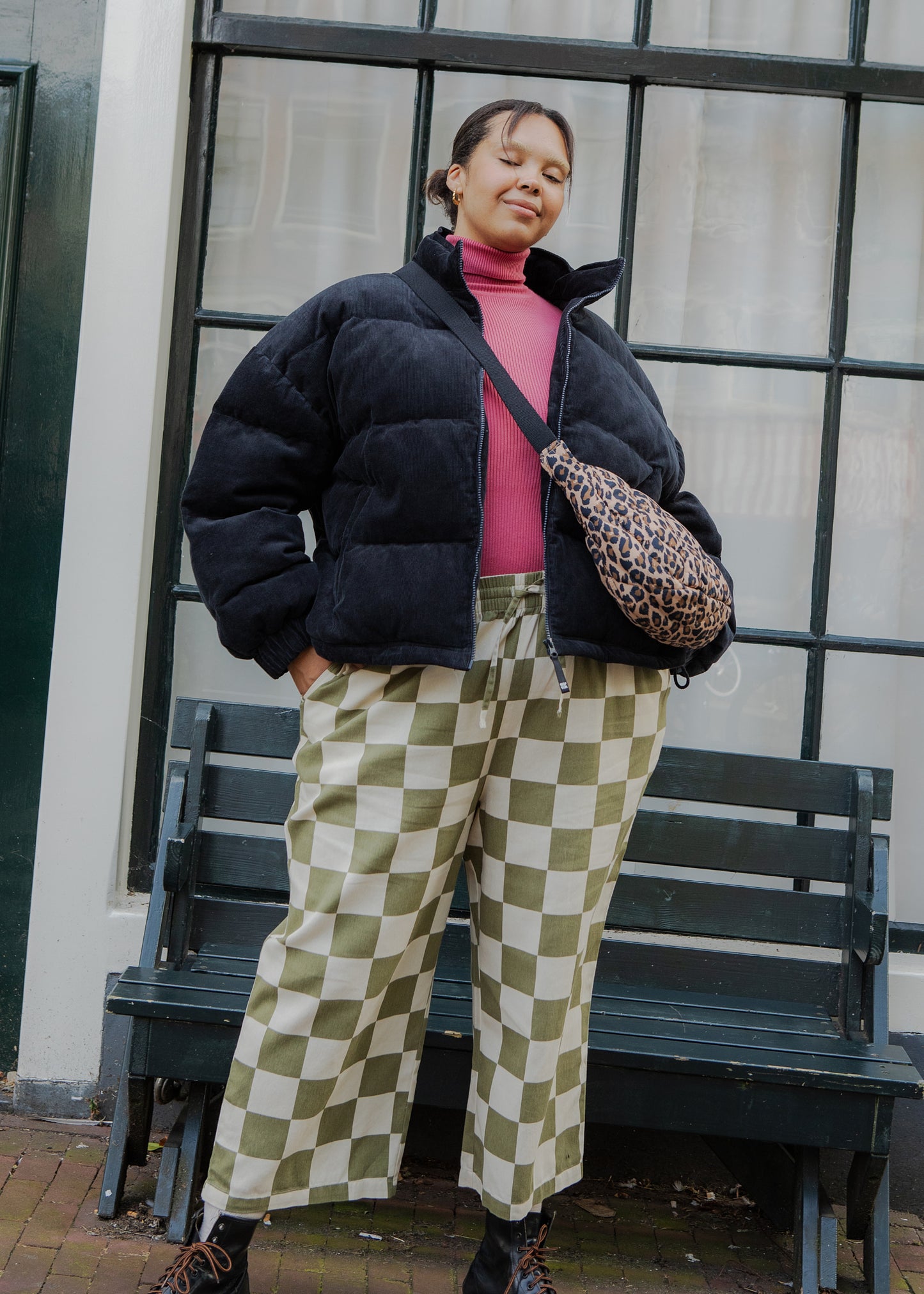 Chuck - Wide Leg Cotton Trousers in Pistachio Green Checkerboard Print