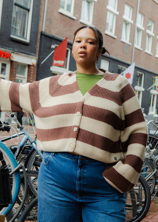 Robyn - V-Neck Knitted Cardigan in Oak Brown & Ecru Stripe