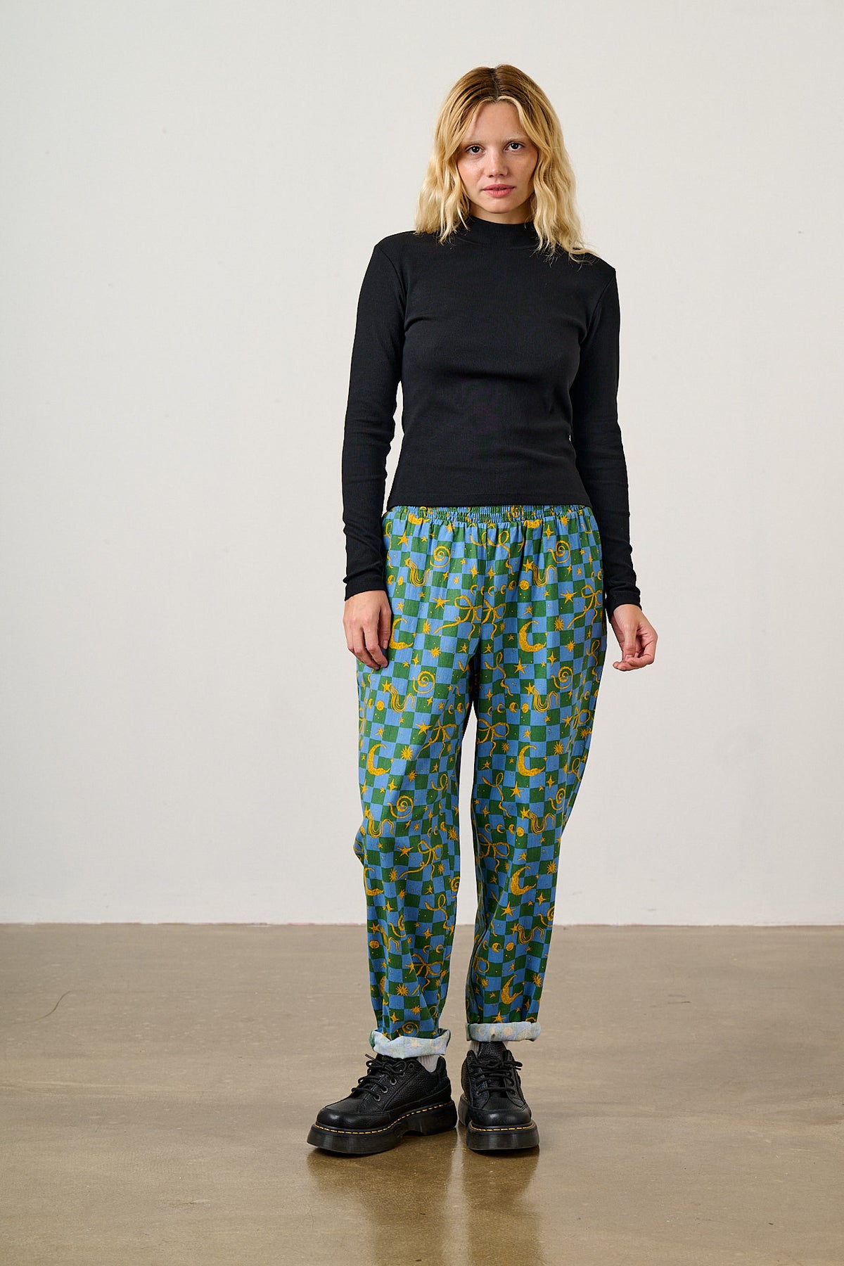 Alexa - Cotton Trousers in Blue Celestial Checkerboard