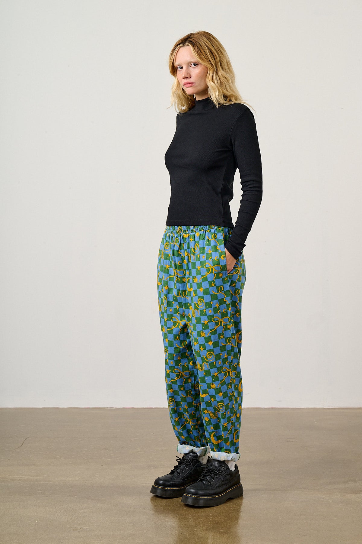 Alexa - Cotton Trousers in Blue Celestial Checkerboard