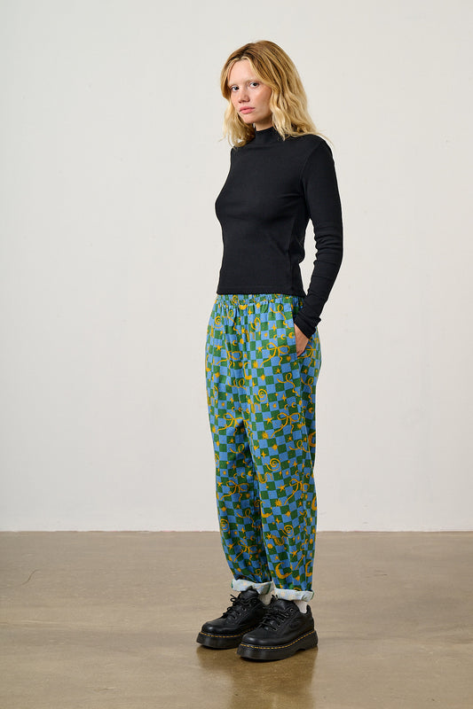 Alexa - Cotton Trousers in Blue Celestial Checkerboard