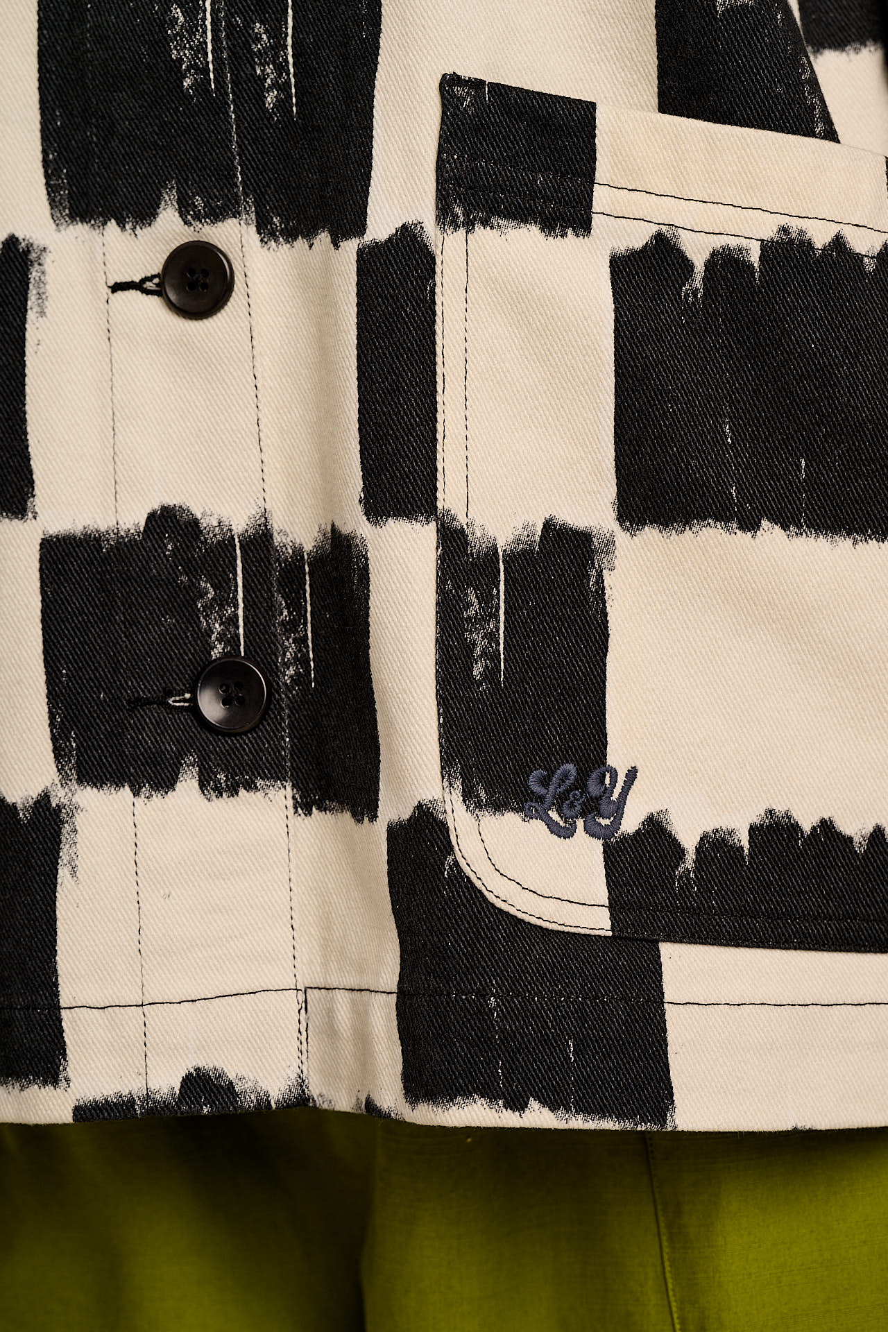 Amarante - Collarless Cotton Jacket in Black & Ecru Blurred Checkerboard