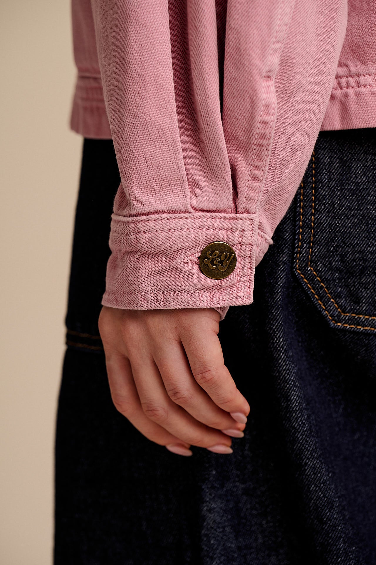 Amarante - Collarless Denim Collarless Jacket in Pink Wash