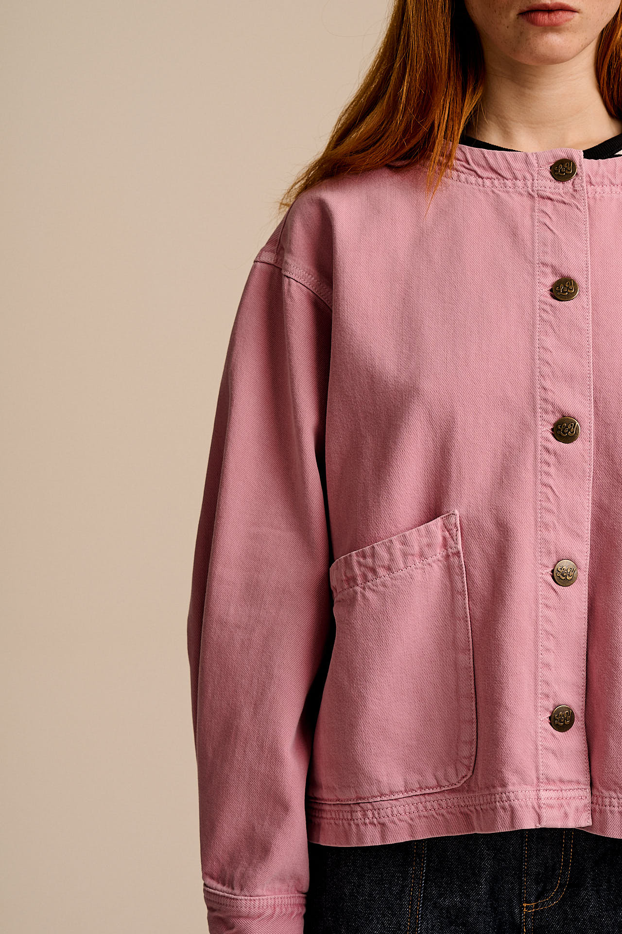 Amarante - Collarless Denim Collarless Jacket in Pink Wash