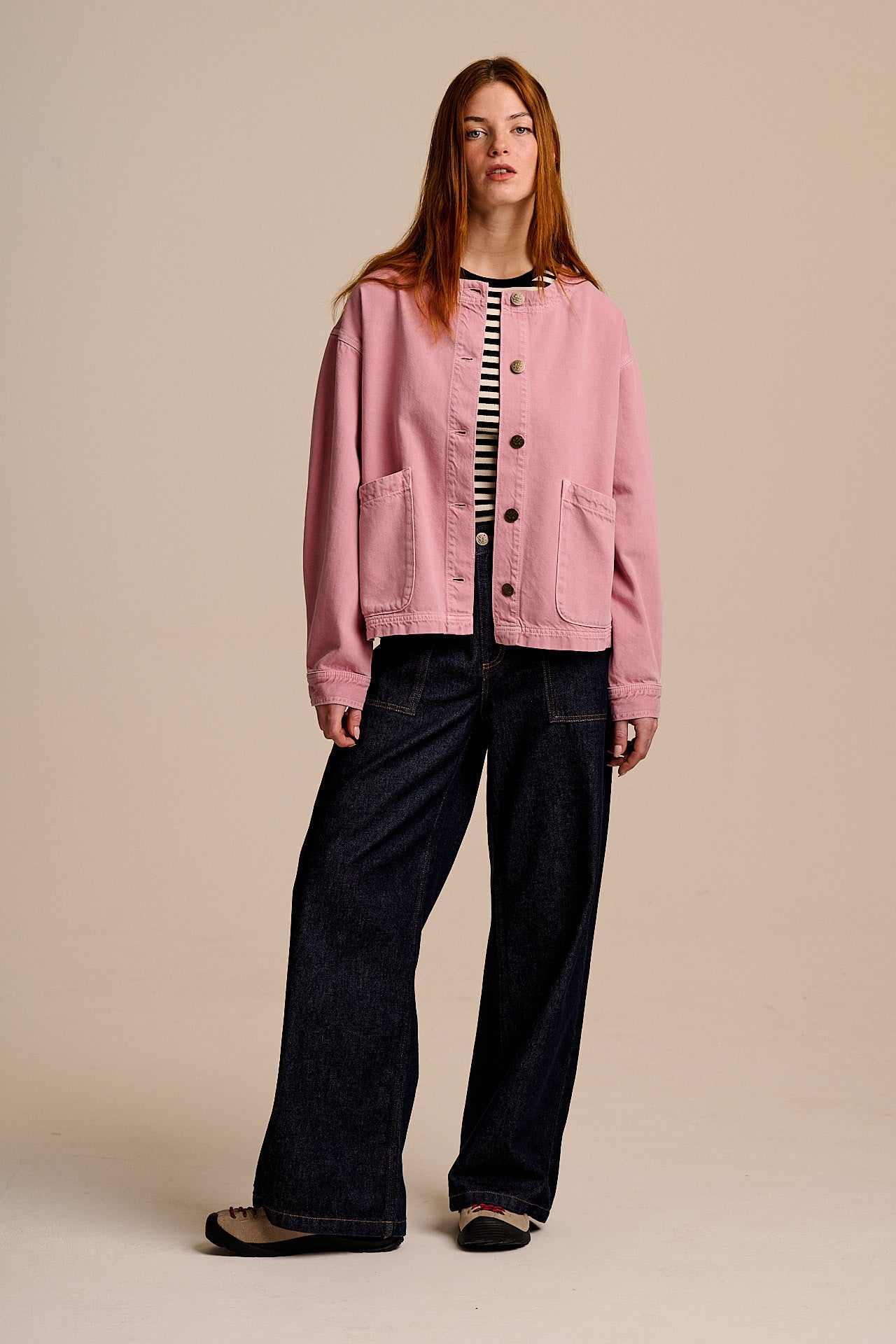 Amarante - Collarless Denim Collarless Jacket in Pink Wash