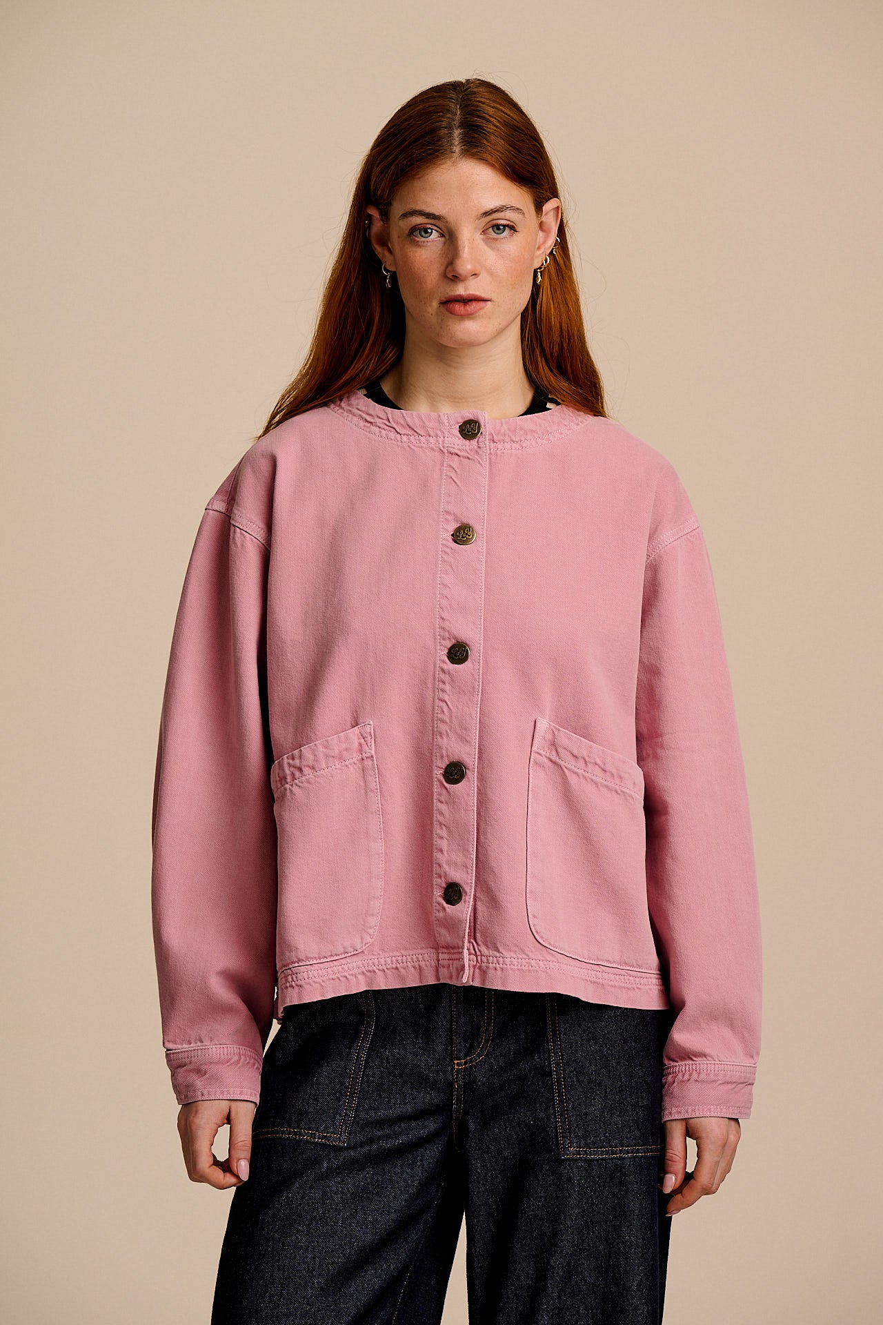 Amarante - Collarless Denim Collarless Jacket in Pink Wash