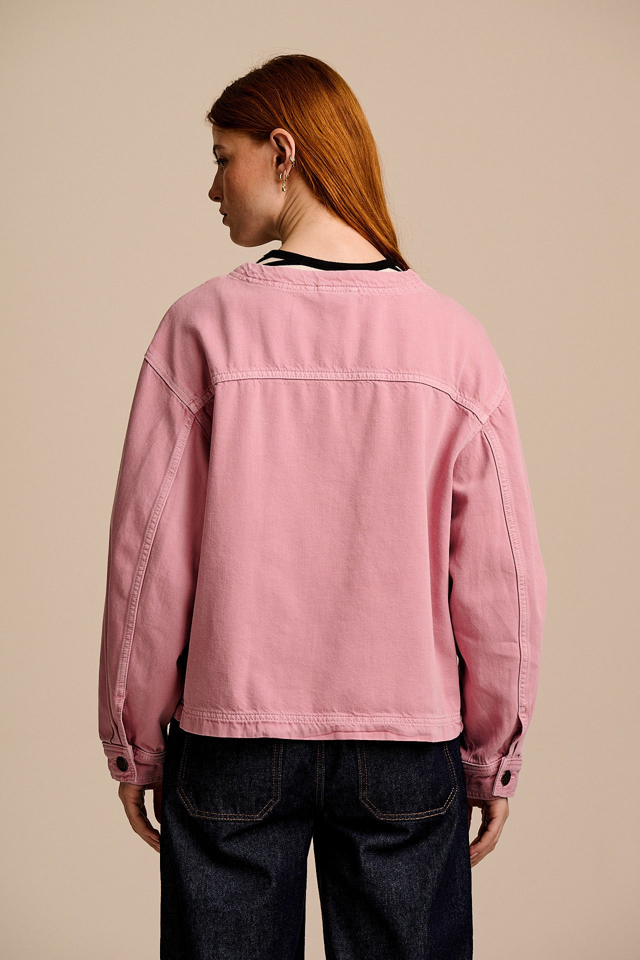 Amarante - Collarless Denim Collarless Jacket in Pink Wash