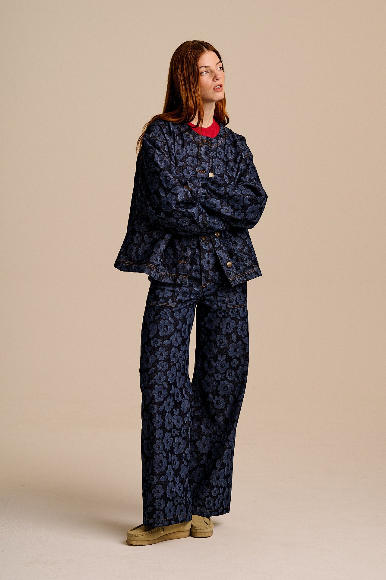 Amarante - Collarless Denim Collarless Jacket in Vida Floral