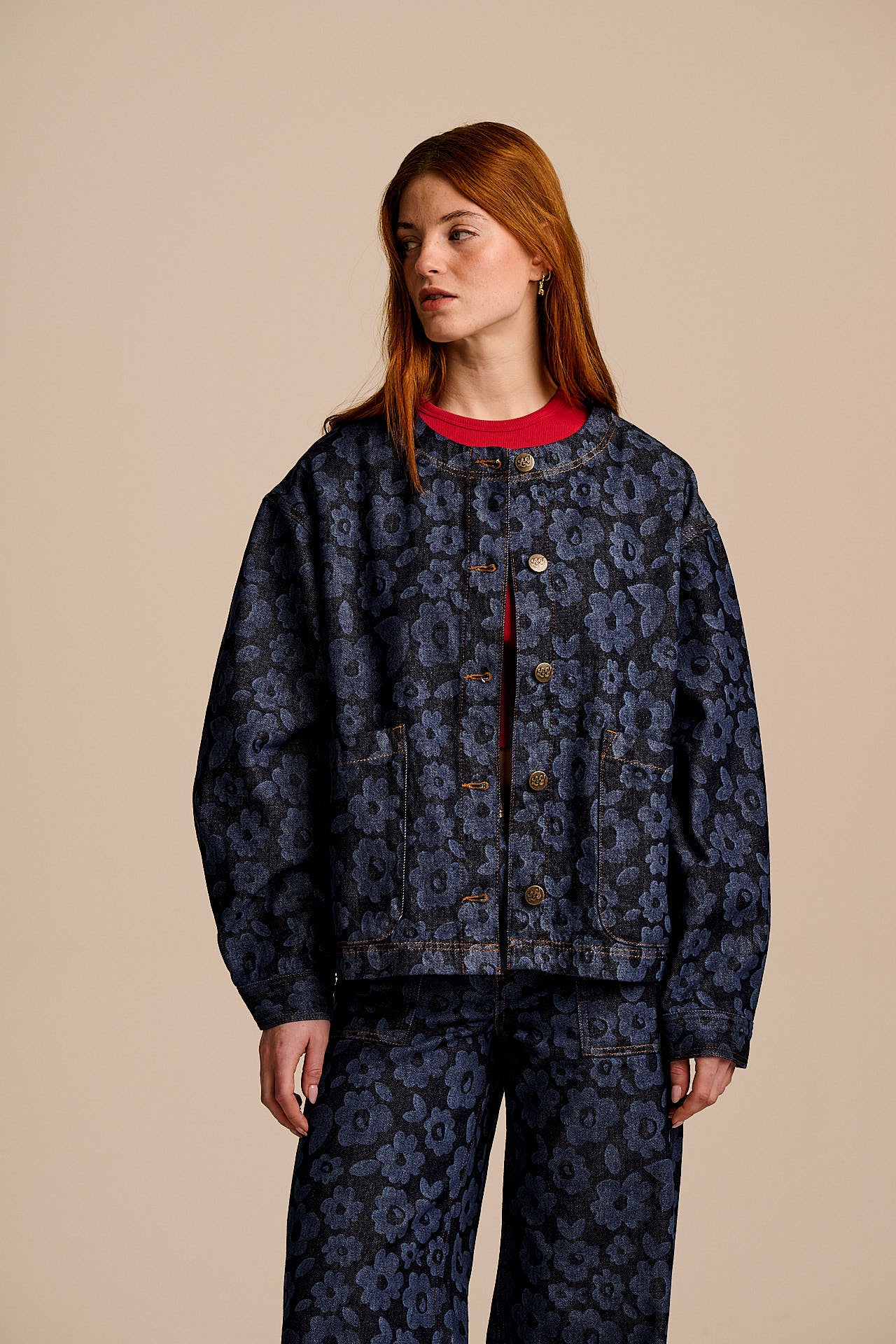 Amarante - Collarless Denim Collarless Jacket in Vida Floral