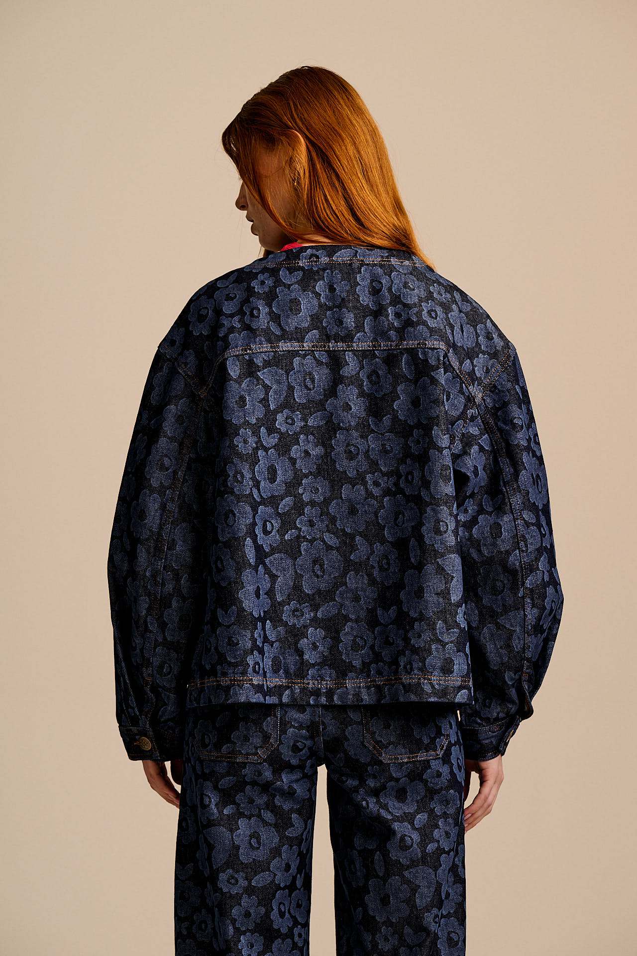 Amarante - Collarless Denim Collarless Jacket in Vida Floral