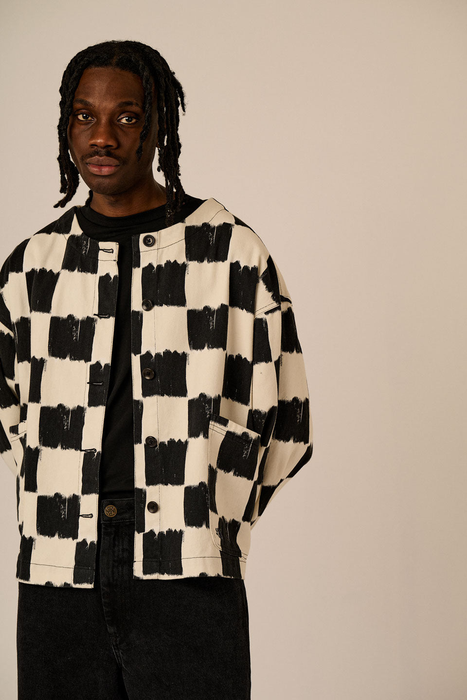 Amarante - Collarless Cotton Jacket in Black & Ecru Blurred Checkerboard