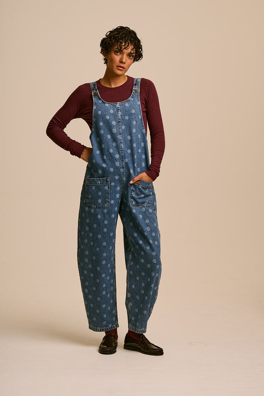 IMPERFECT - Ara  - Denim Dungarees in Midwash Polka Dot