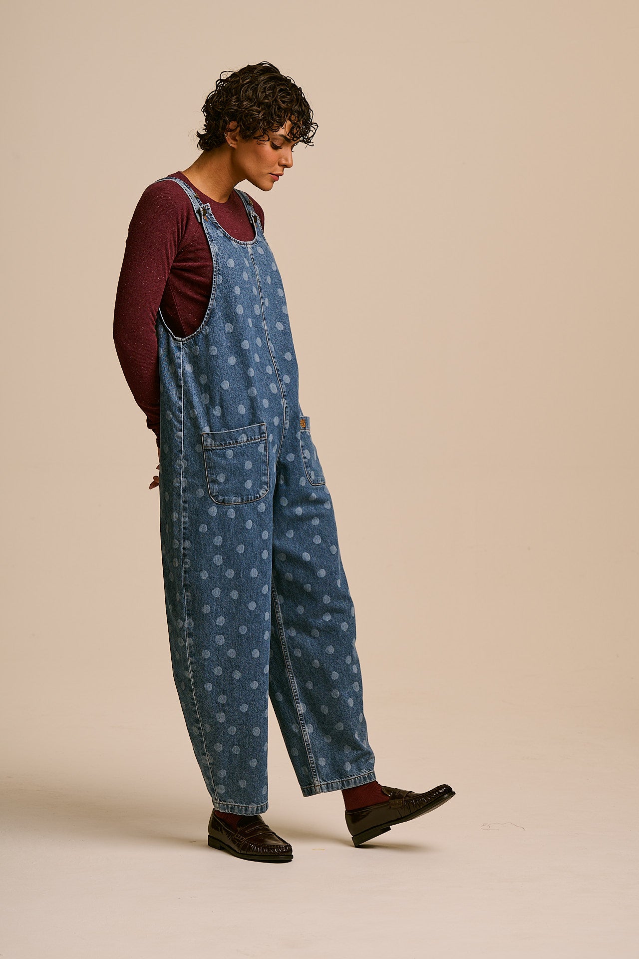 IMPERFECT - Ara - Denim Dungaree in Midwash Polka Dot – Lucy & Yak