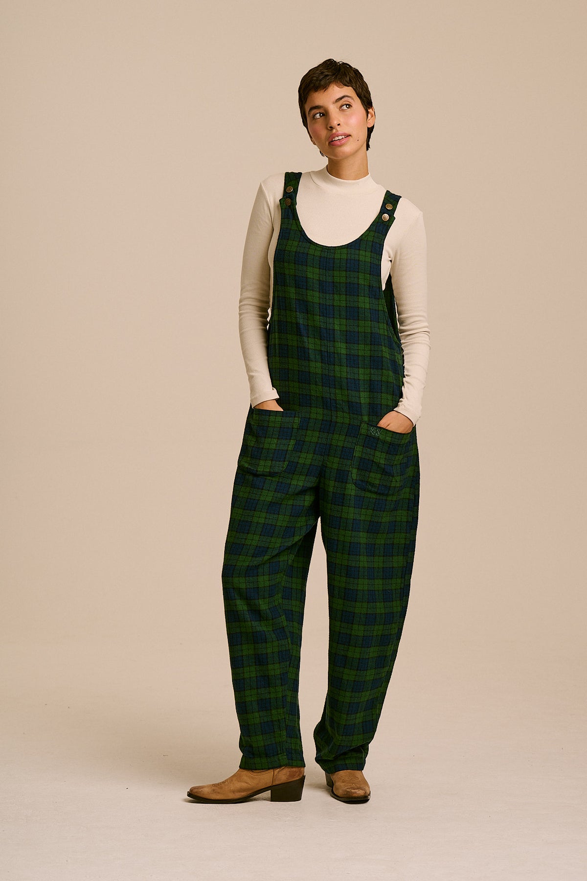 Ara - Organic Cotton Brushed Dungarees in Wilderness Tartan