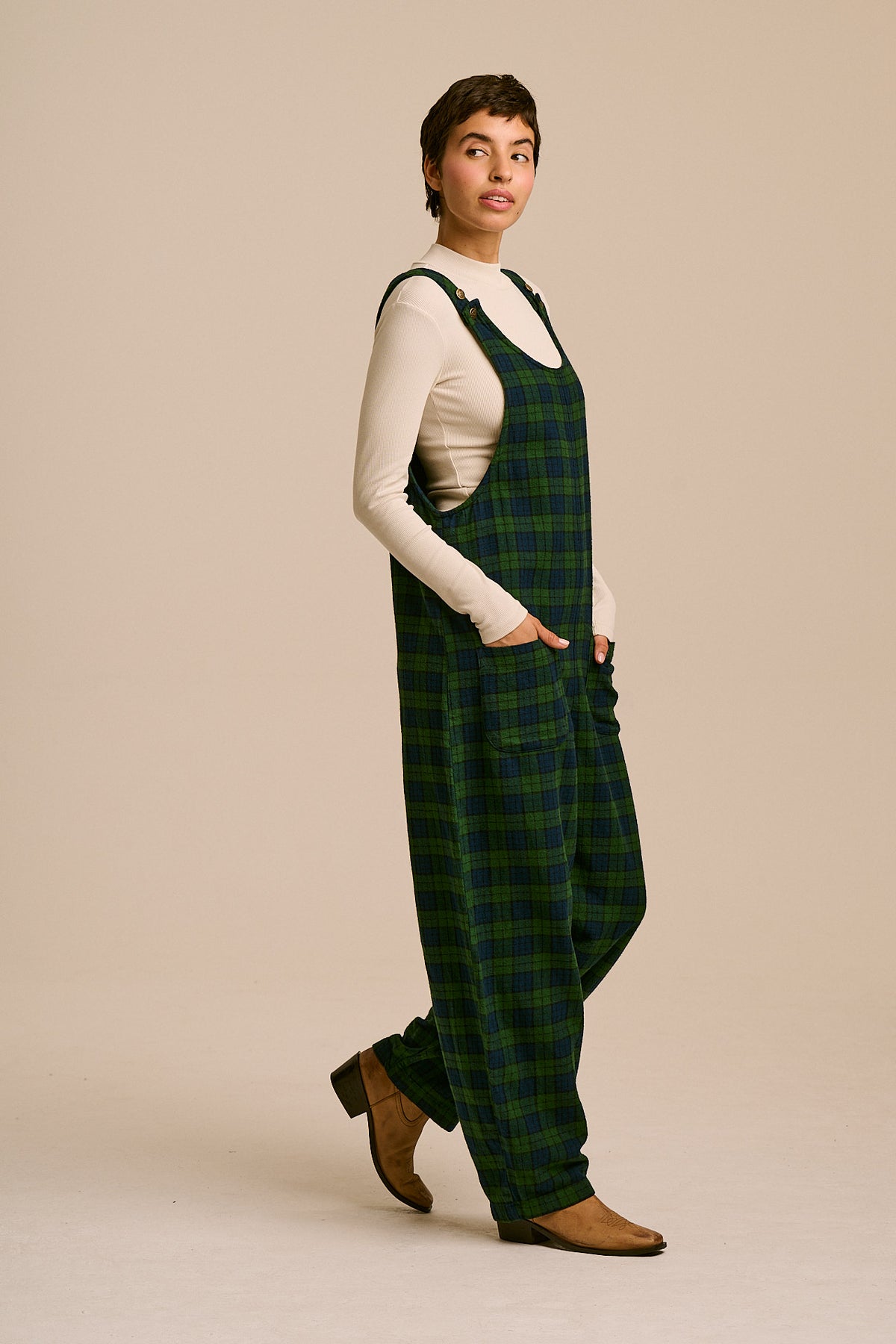 Ara - Organic Cotton Brushed Dungarees in Wilderness Tartan