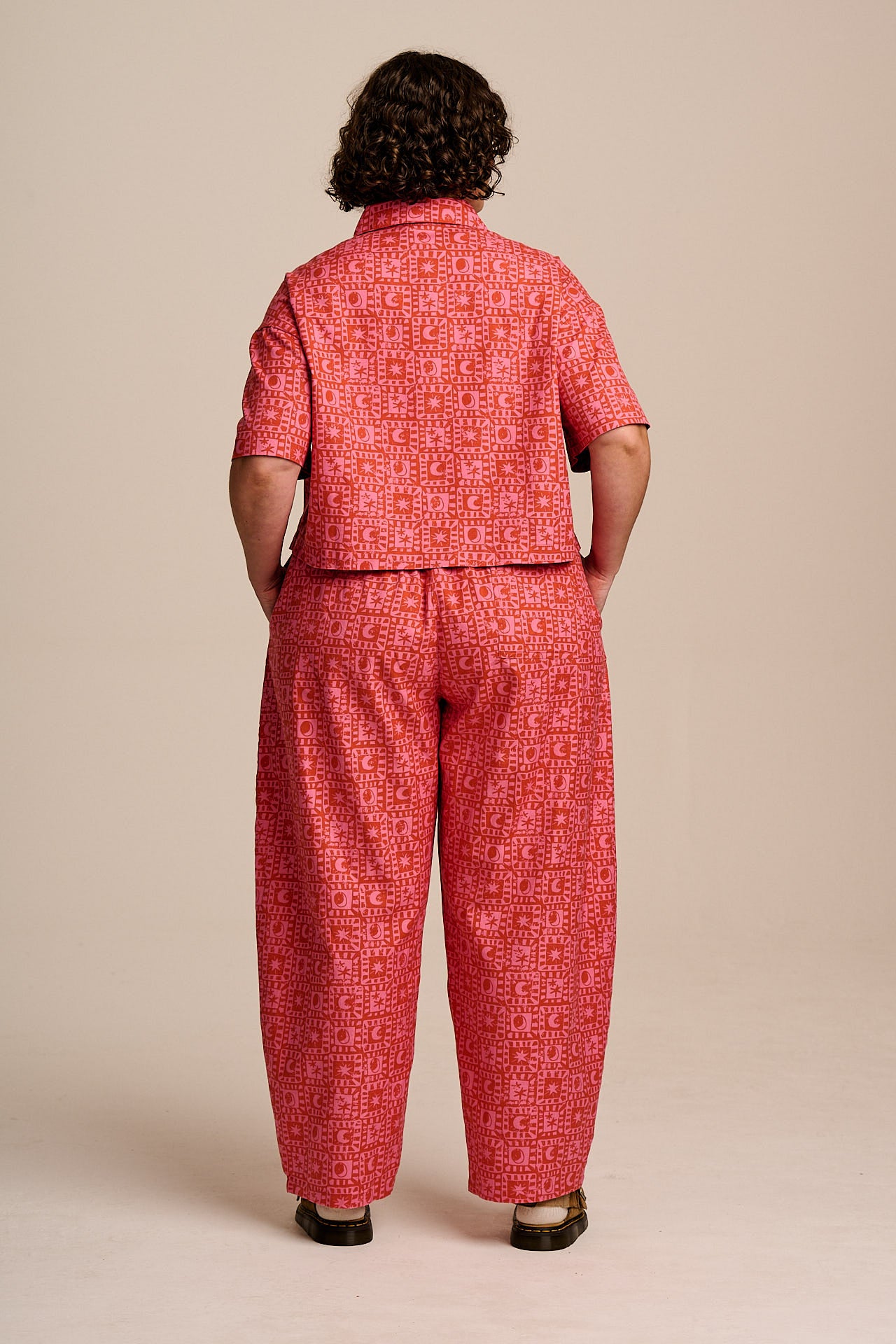 Freddie - Barrel Leg Cotton Trousers in Pink & Red Lunar Checkerboard