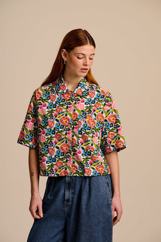 Archer -  Cotton & Viscose Shirt in Ivory Birdie Floral